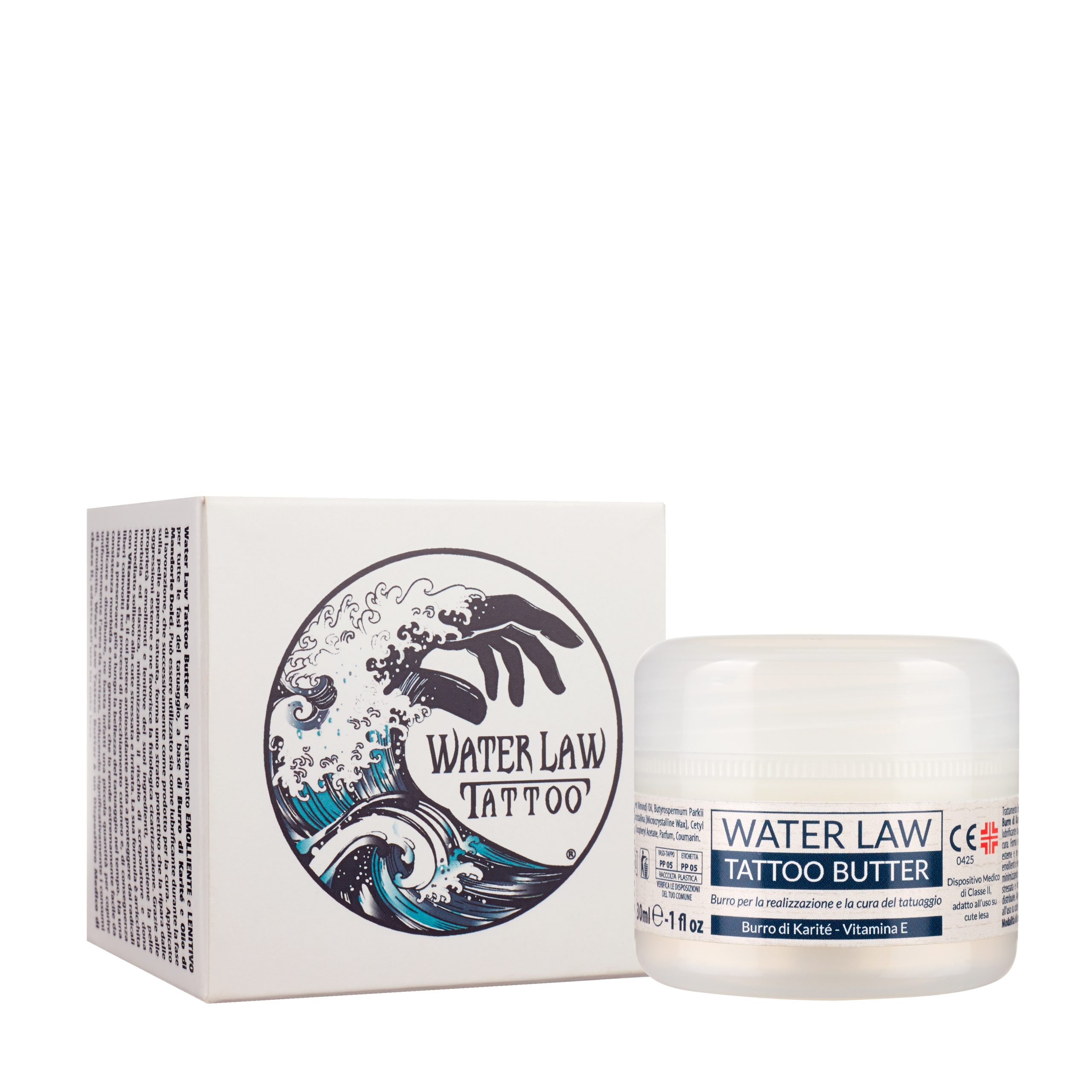 Burro lenitivo per la cura del tatuaggio Water Law Tattoo Butter. Astuccio con vaso da 30 ml