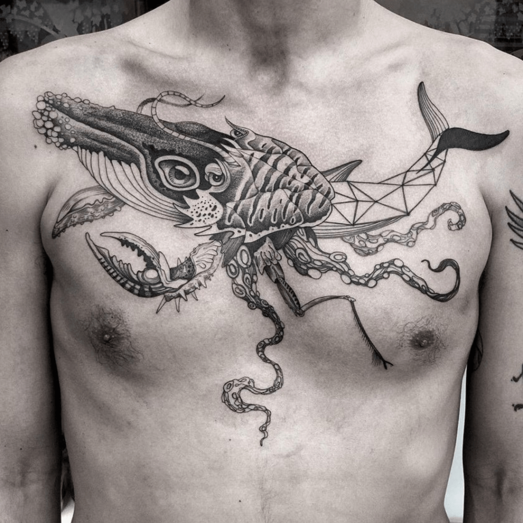 Tatuaggio di un mostro marino composto da parti di balena, crostaceo e polpo, in bianco e nero (fine lines), realizzato da Bue, Water Law Tattoo Pro Team Artist