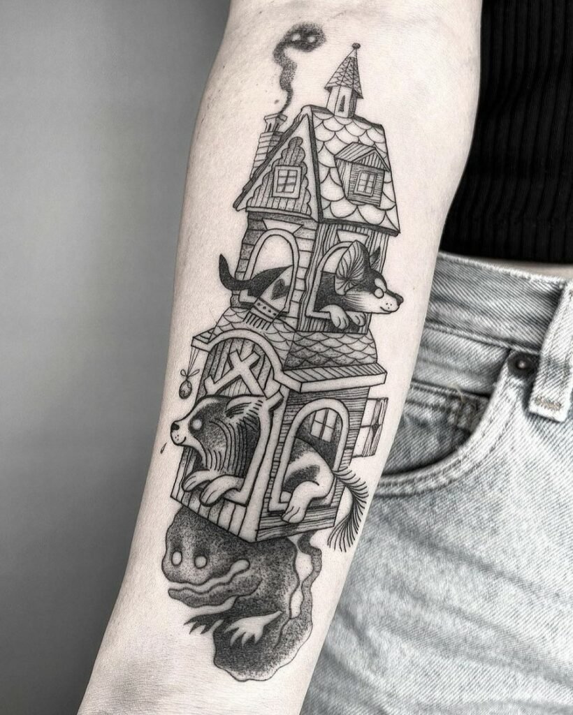 Artista: Bue. Pro Team Artist Water Law Tattoo. Tatuaggio in stile blackwork a linee sottili di una casetta multipiano che ospita due cani.